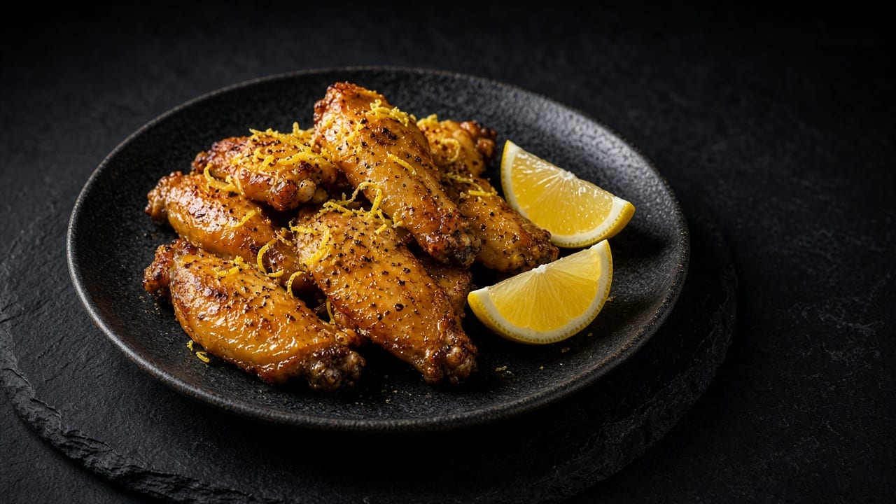 Golden lemon pepper chicken wings flecked with lemon zest and black pepper, with lemon wedges on a dark plate.