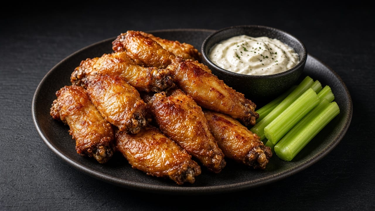 Crisp, golden baked chicken wings on a dark plate with celery sticks and a bowl of creamy white dip.