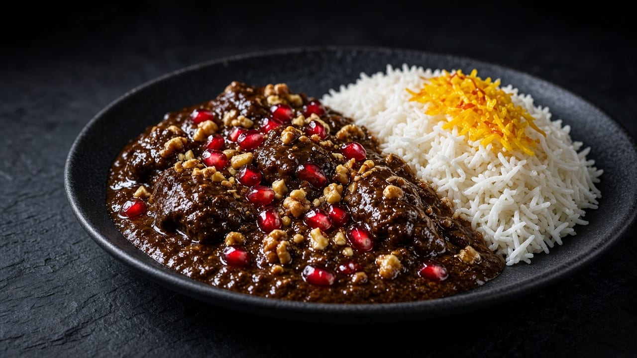 A deep brown walnut and pomegranate chicken stew in a bowl, scattered with ruby pomegranate seeds, beside a mound of golden-flecked saffron rice.