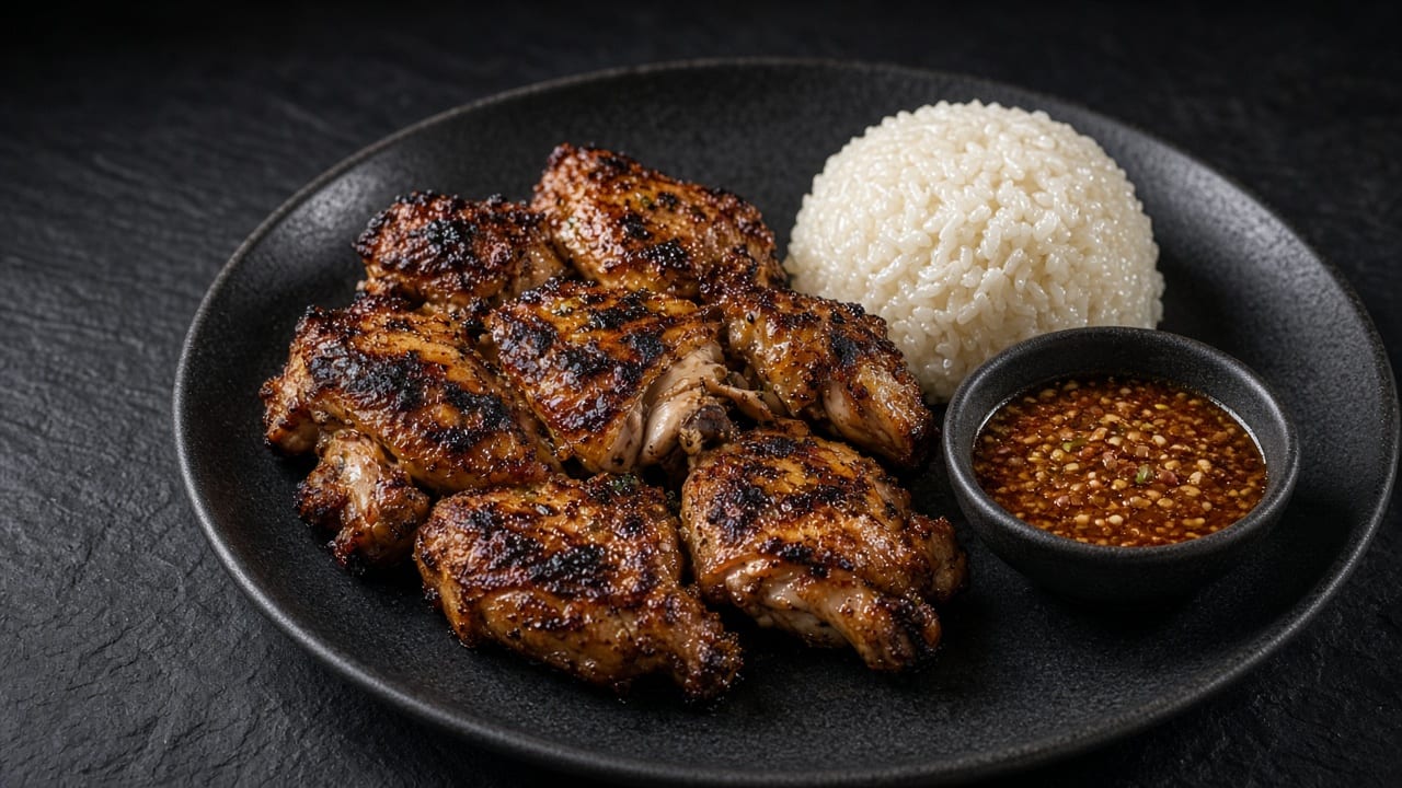 Charred chicken legs with a basket of sticky rice and a small bowl of jaew dipping sauce.