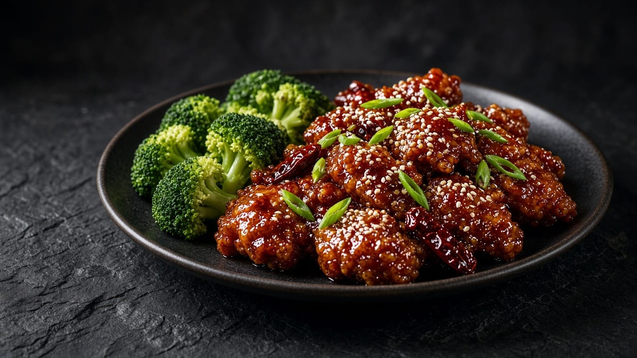 Glossy General Tso's chicken pieces in a dark sweet-savoury sauce with sesame seeds, next to steamed broccoli.