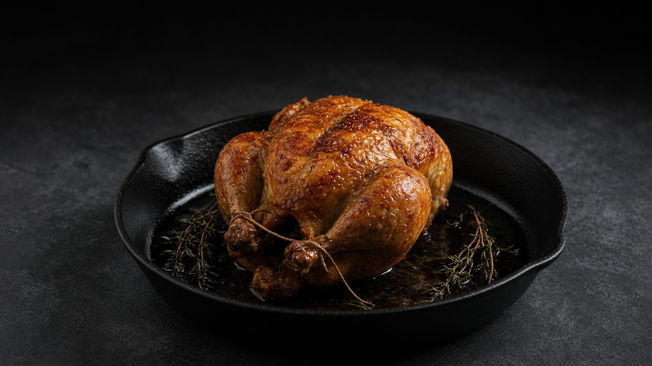 A golden-brown whole roast chicken with crisp, deeply burnished skin resting in a cast-iron pan, surrounded by buttery pan juices and fresh thyme sprigs.