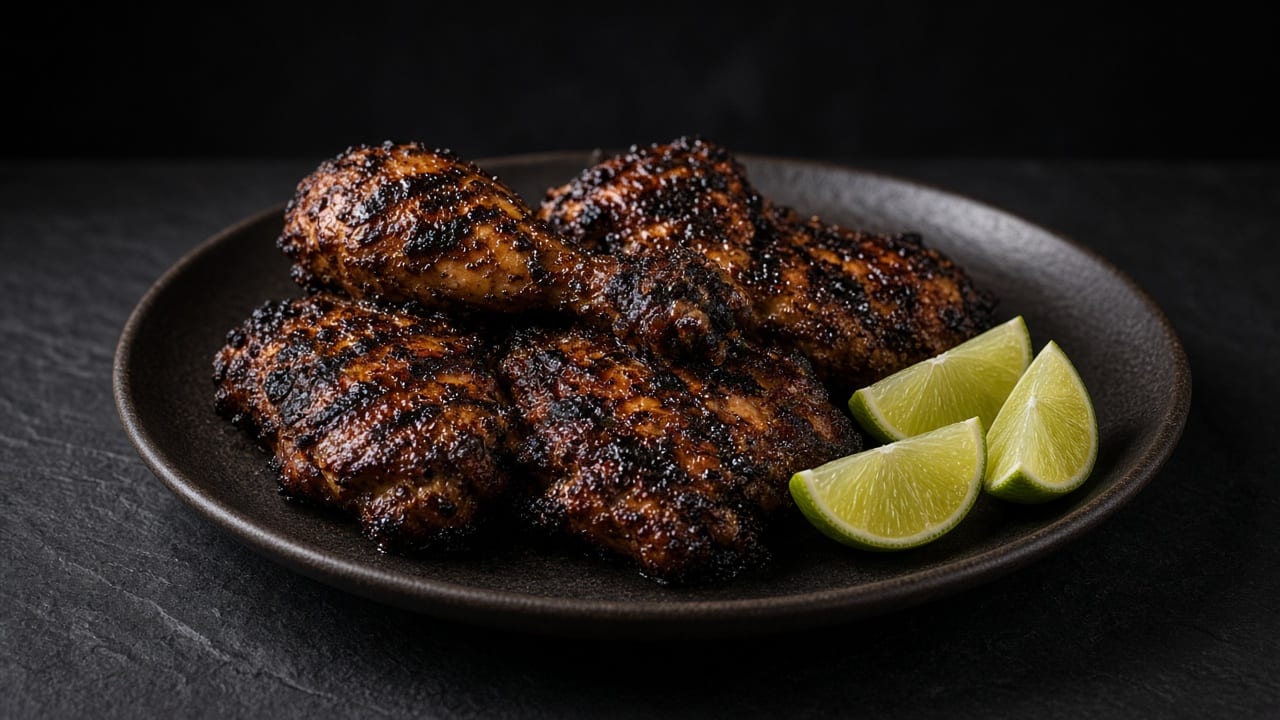 Smoky, deeply charred jerk chicken leg quarters piled on a platter with fresh lime wedges.