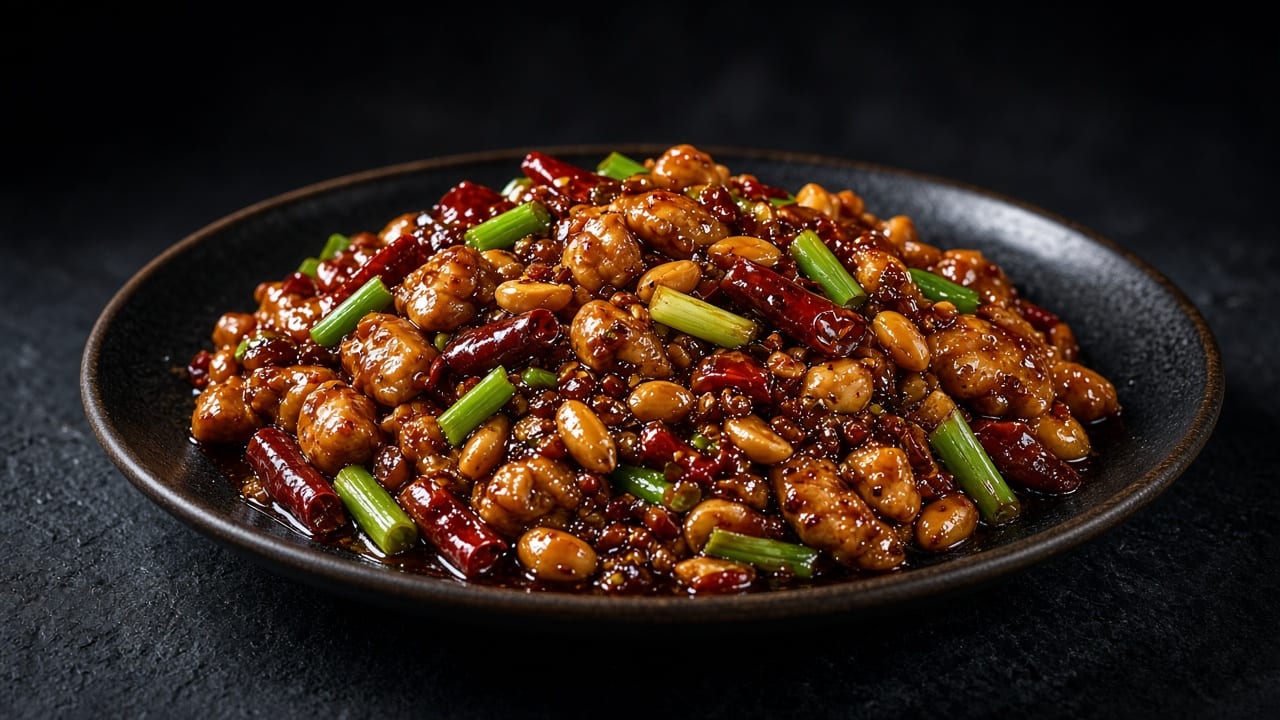 A plate of glossy kung pao chicken with dried red chillies, peanuts and spring onion.