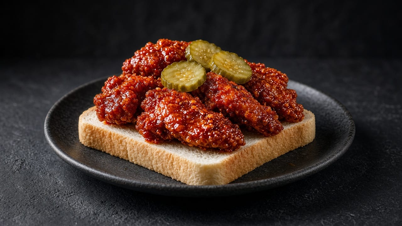 Deep red, glistening fried chicken on a slice of white bread with pickle slices.