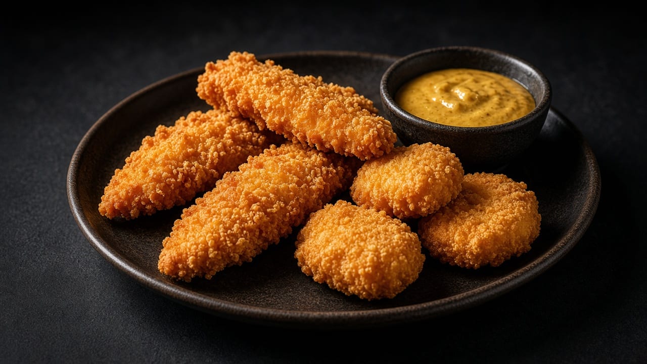 Crunchy golden chicken tenders on a dark plate with a small bowl of honey mustard dip.