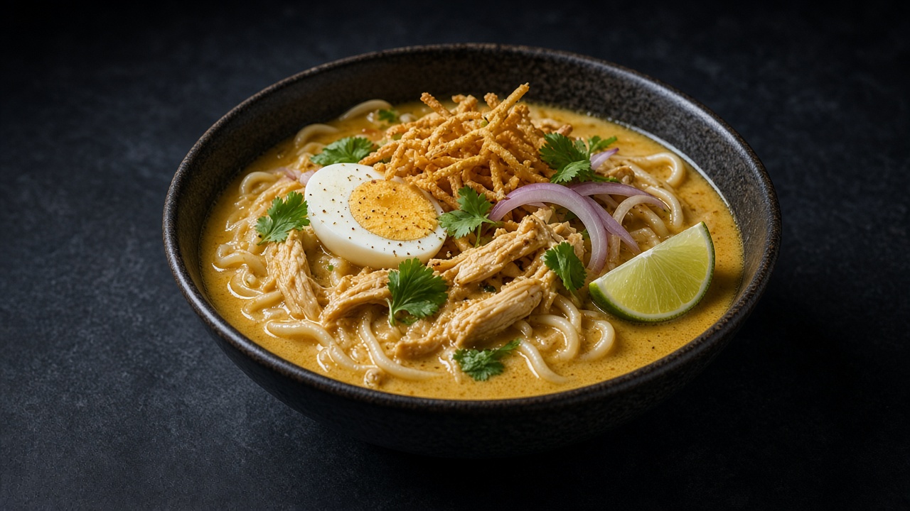 A bowl of golden coconut chicken noodle soup topped with a halved boiled egg, crispy fried noodles, red onion and coriander, with a lime wedge.