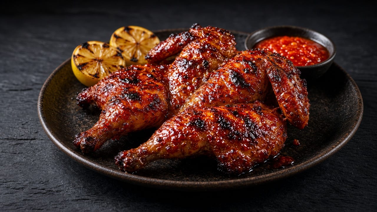 A charred, spatchcocked piri-piri chicken on a board with blackened lemon halves and a bowl of red chilli sauce alongside.