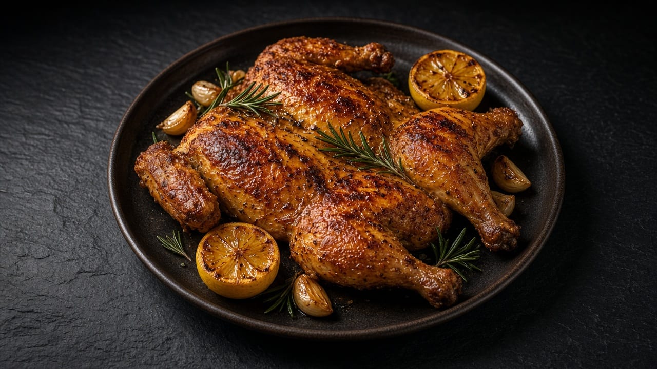 A flattened, deeply golden chicken with crisp skin and herbs on a dark plate with charred lemon halves.