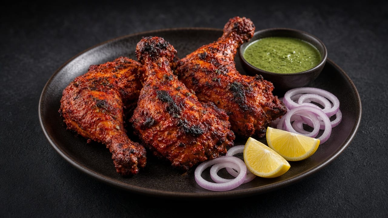 Charred, deep red tandoori chicken legs on a platter with red onion rings, lemon wedges and a bowl of bright green mint chutney.