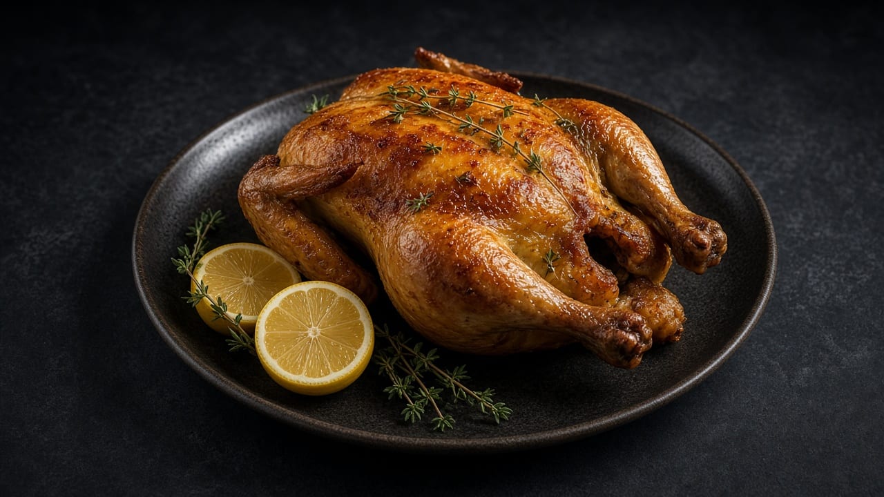 A glossy, golden whole roast chicken on a dark plate with lemon halves and sprigs of thyme beside it.