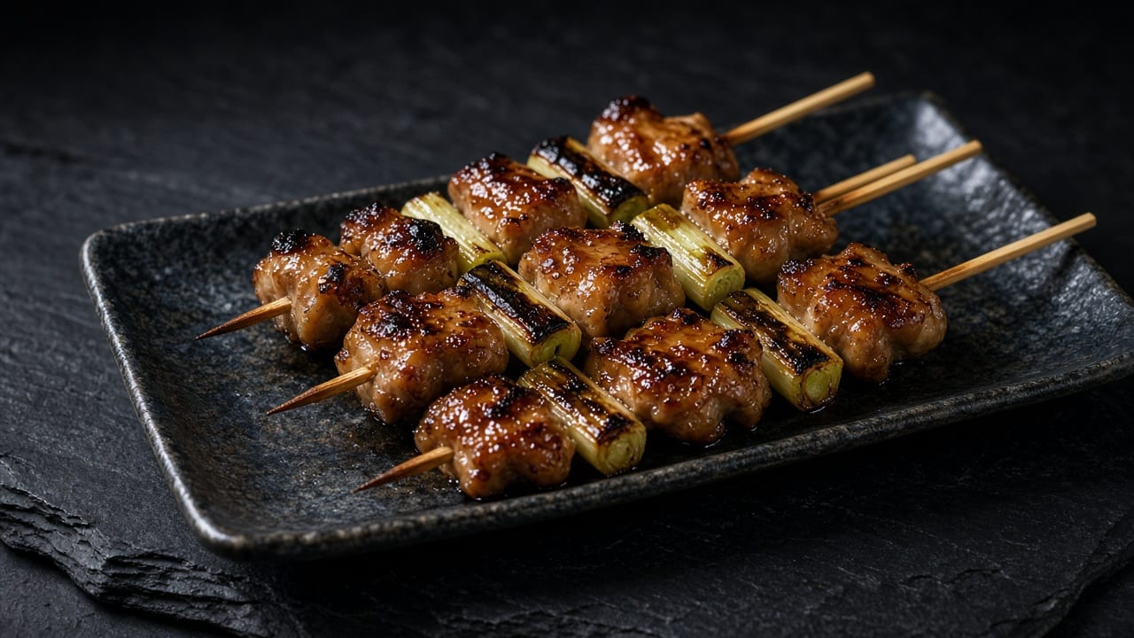 Glossy, lightly charred chicken and spring onion skewers glazed with a dark soy tare on a black tray.
