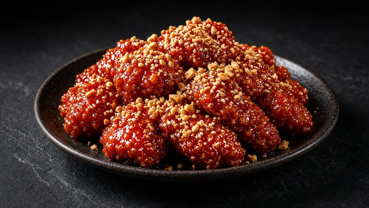 Glossy, deep red-glazed fried chicken pieces piled in a bowl, scattered with crushed peanuts and sesame seeds.