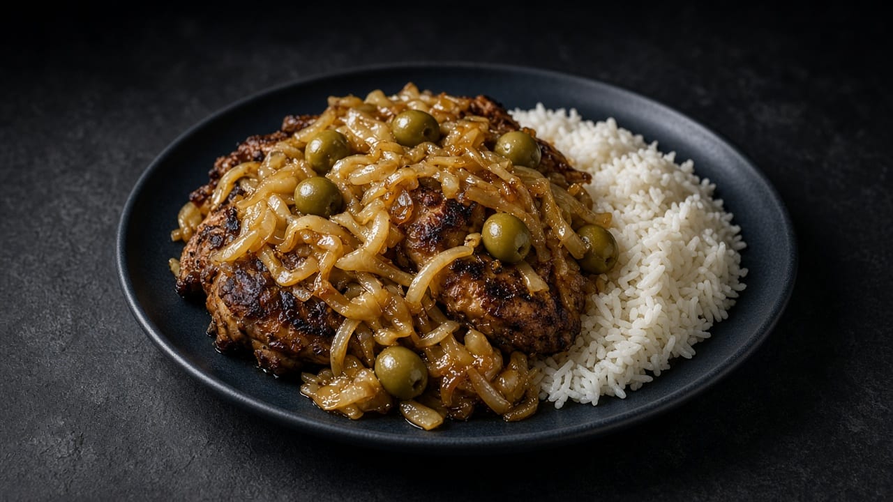 Golden chicken in a heap of soft lemony onions with green olives, served with white rice.