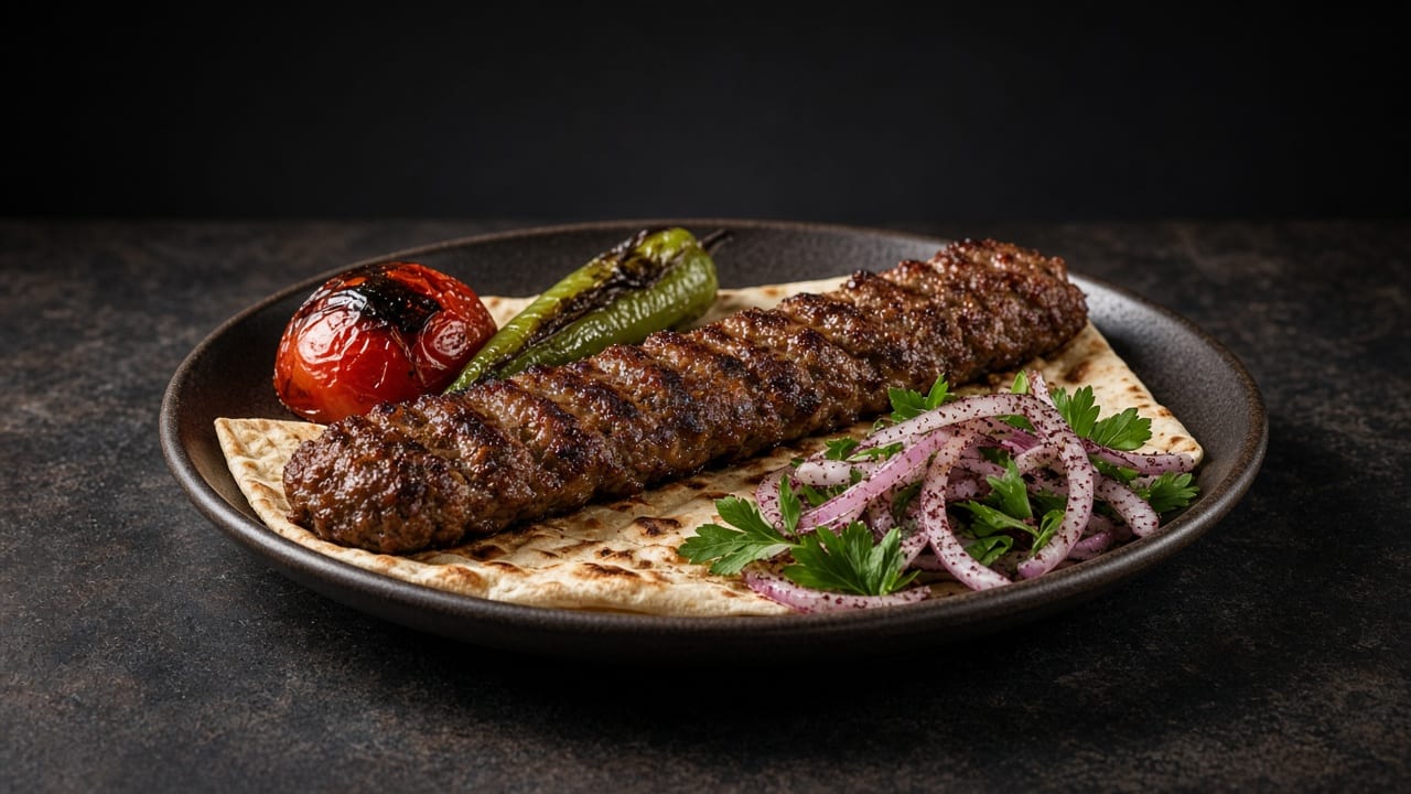 A long, flat minced lamb kebab on flatbread with grilled tomato, green pepper, sumac red onion and parsley.