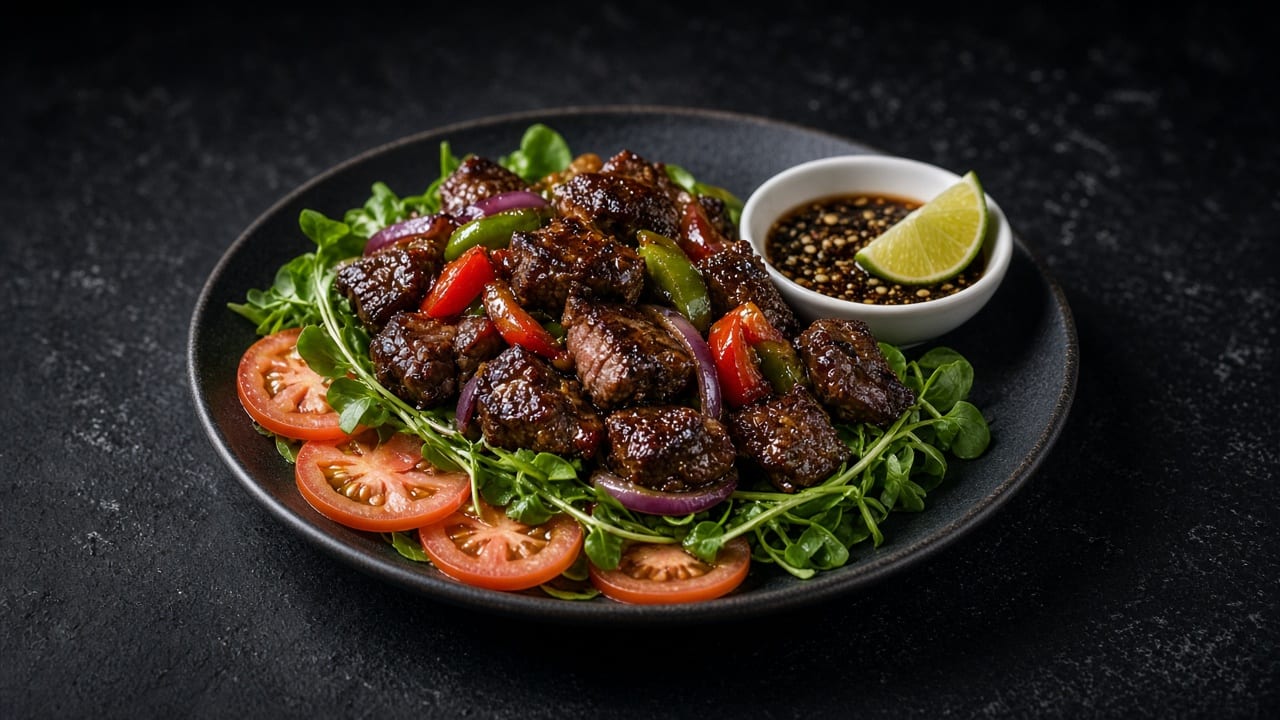 Seared beef cubes with red pepper and red onion on salad greens, with tomato slices and a lime-pepper dip.