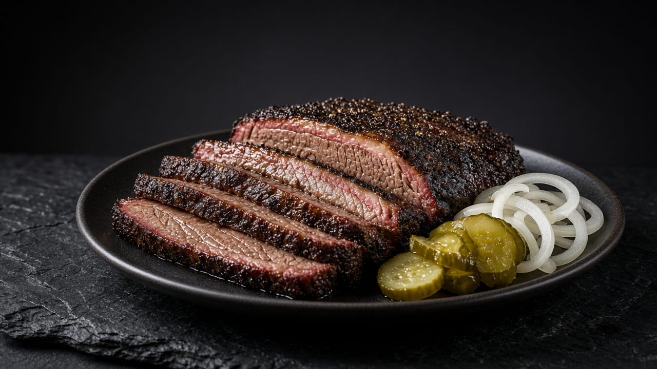 Slices of smoked brisket with a dark peppery bark, with pickles and sliced onion.