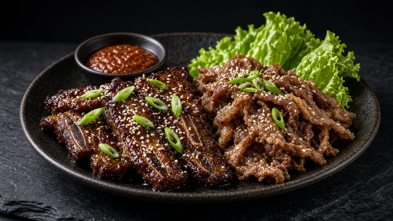 Thinly sliced glazed marinated beef with sesame seeds and spring onion, with lettuce leaves and a small bowl of red chilli sauce.