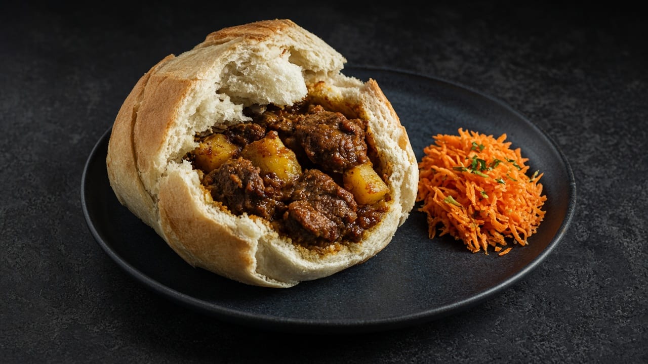 A hollowed white loaf filled with rich lamb and potato curry, topped with a bread lid and served beside a bowl of grated carrot sambal.