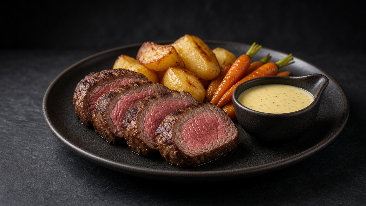 Sliced roast beef fillet with roast potatoes, carrots and a creamy yellow tarragon butter sauce.