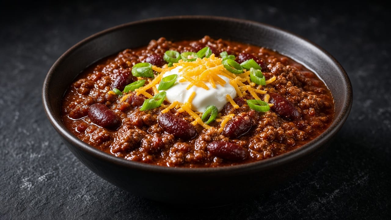 A dark bowl of beef and bean chilli topped with soured cream, grated cheese and sliced spring onion.