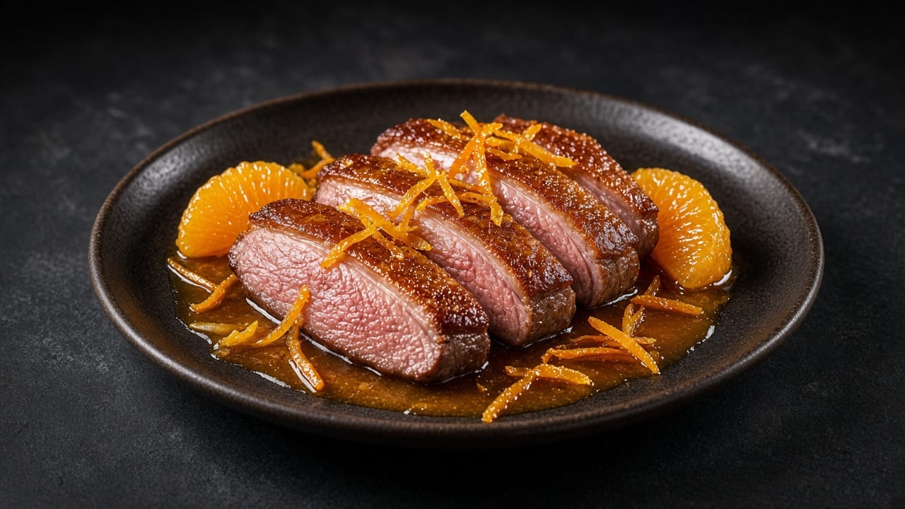 Sliced duck breast with crisp skin, glossy orange sauce, orange segments and strips of zest.