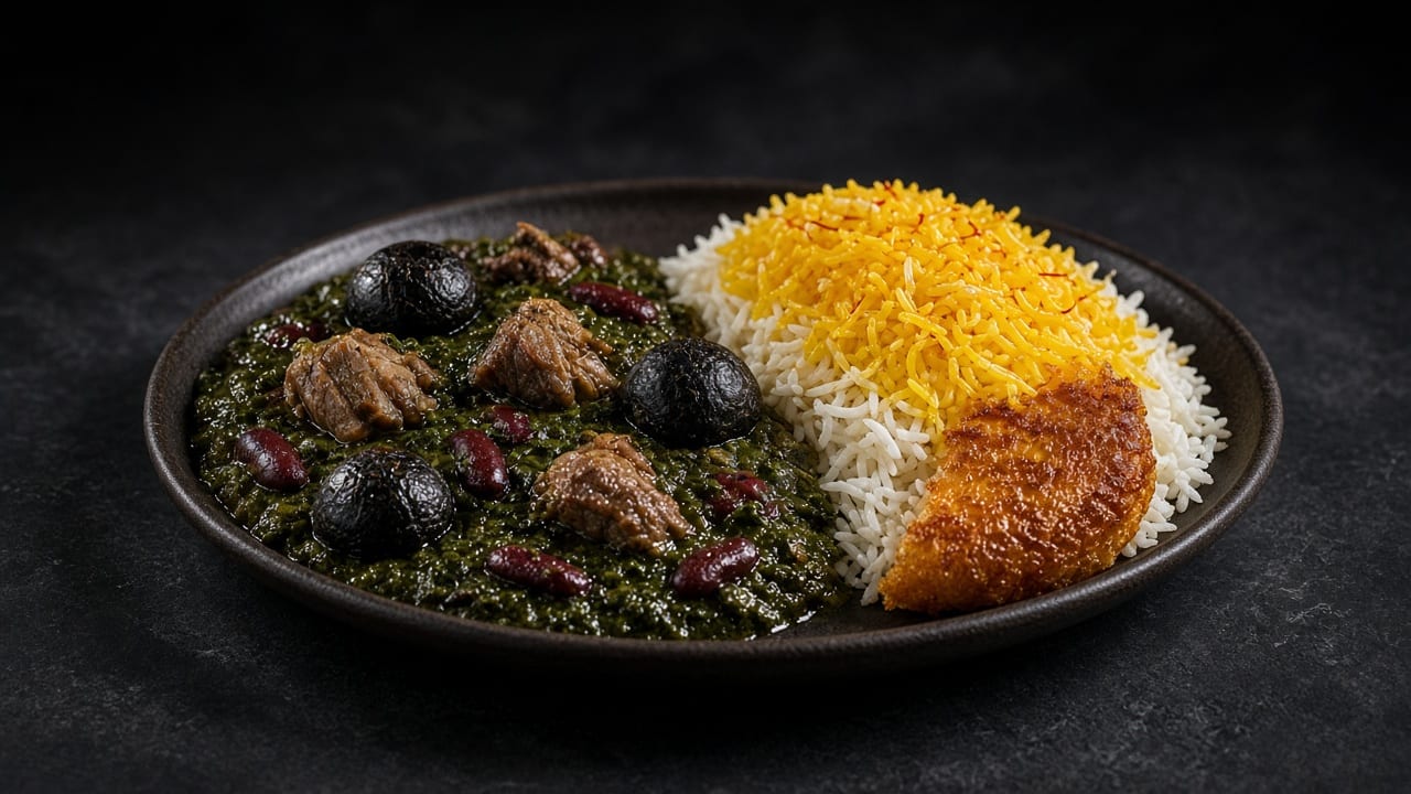 Dark green herb stew with lamb and kidney beans beside saffron rice with a golden crust.