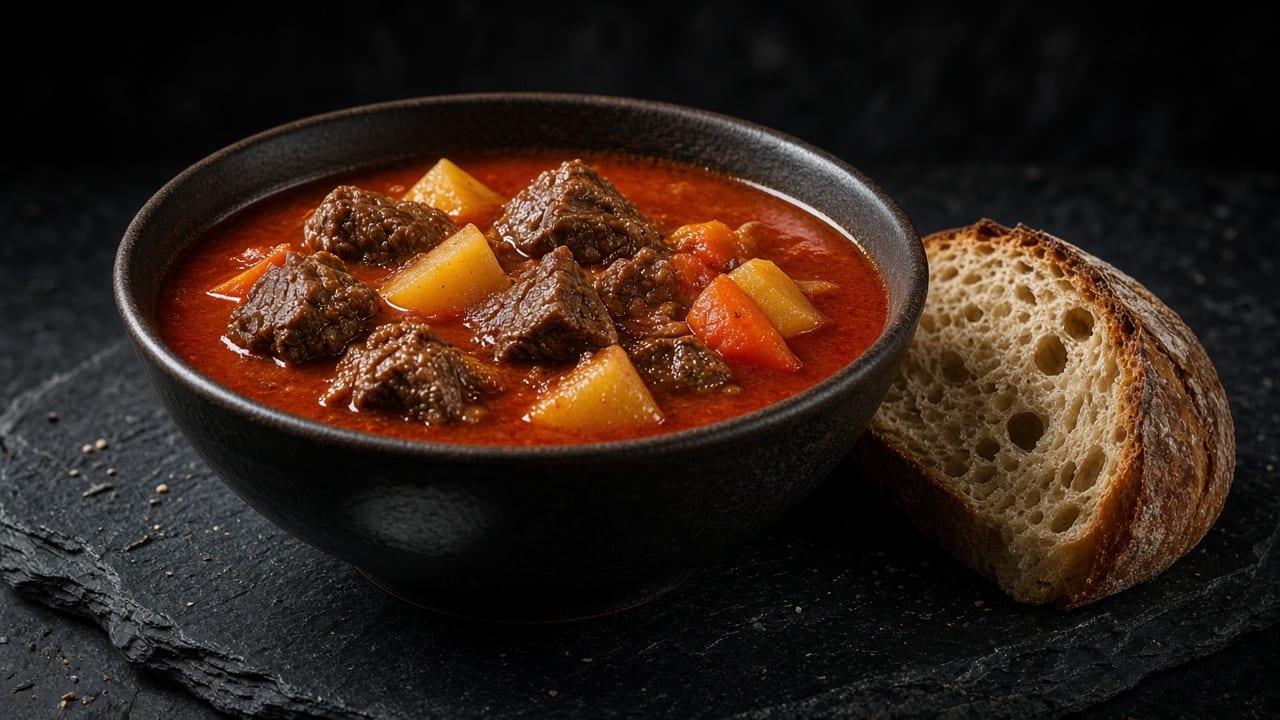 A black bowl of red goulash with beef, potato and pepper chunks, with crusty bread on the side.