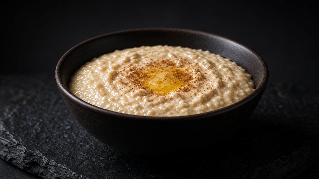 Bowl of smooth, creamy wheat and lamb porridge with a pool of golden spiced ghee in the centre.
