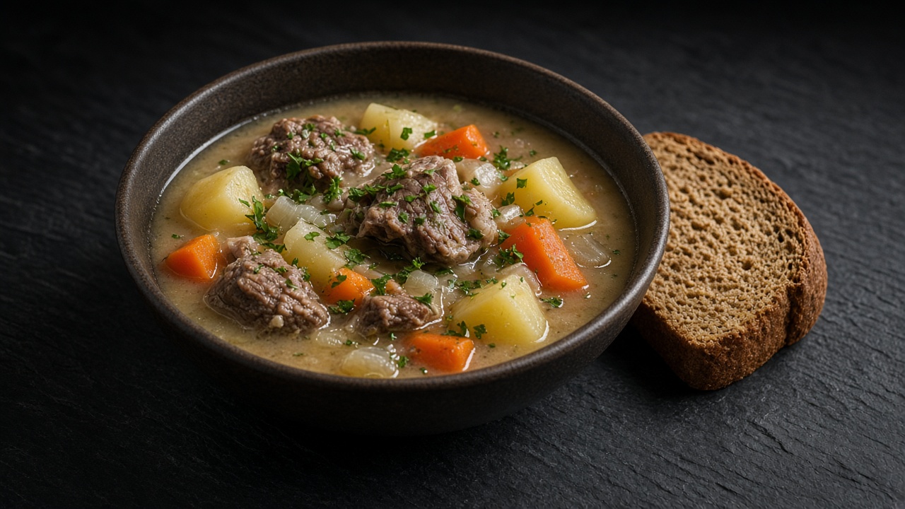 Bowl of lamb stew with potatoes and carrots in a light broth, topped with parsley, with brown bread.