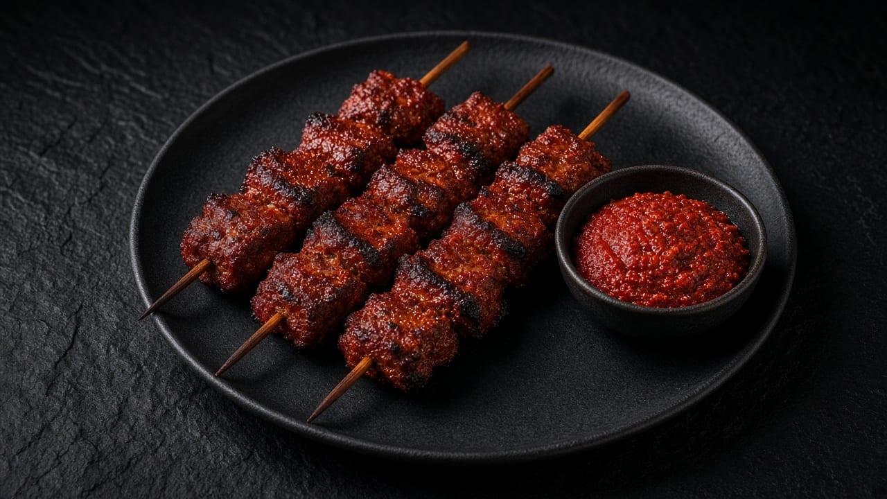 Three wooden skewers of charred, deep-red spiced beef with a small bowl of harissa dip on a black plate.