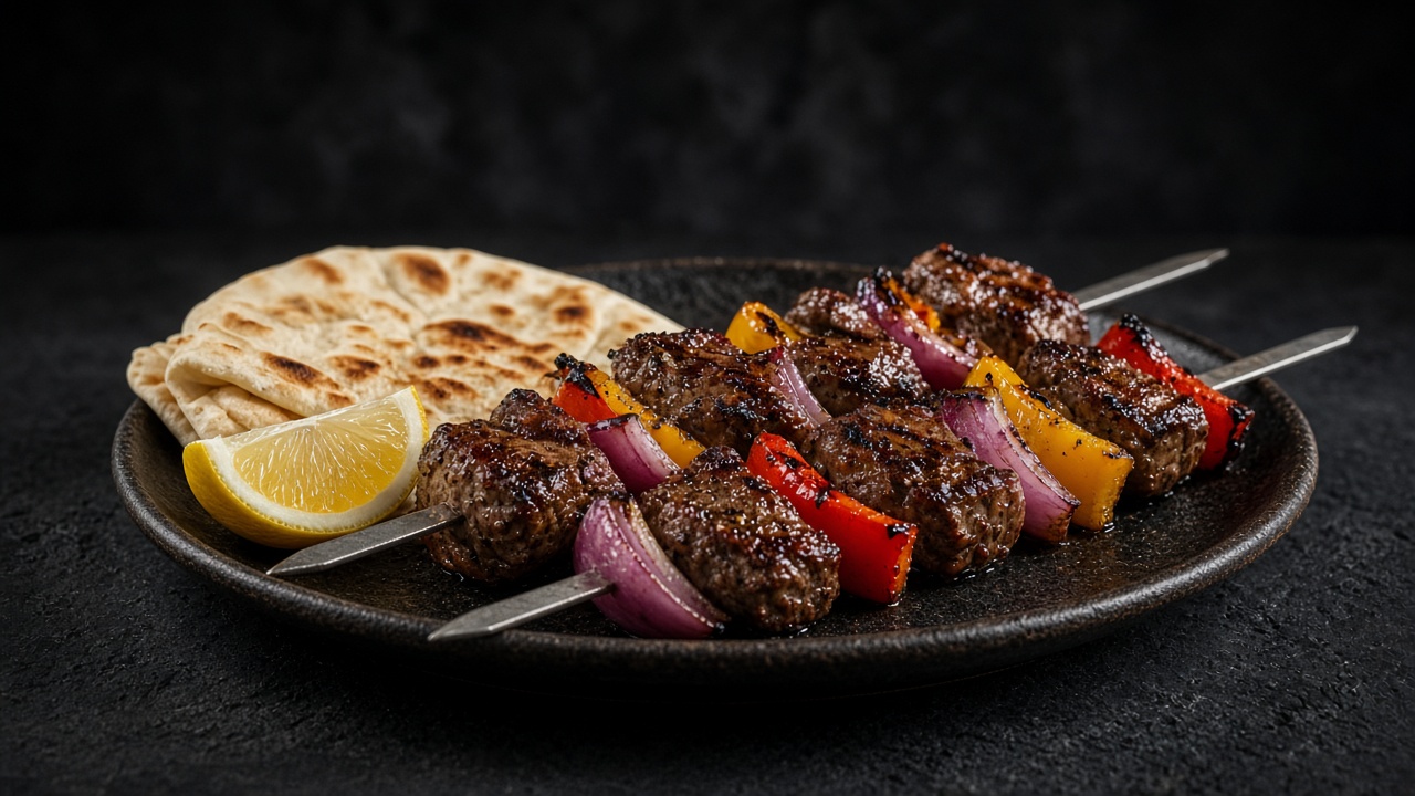 Metal skewers of grilled beef cubes alternating with red and yellow pepper and red onion, with pitta bread and a lemon wedge.