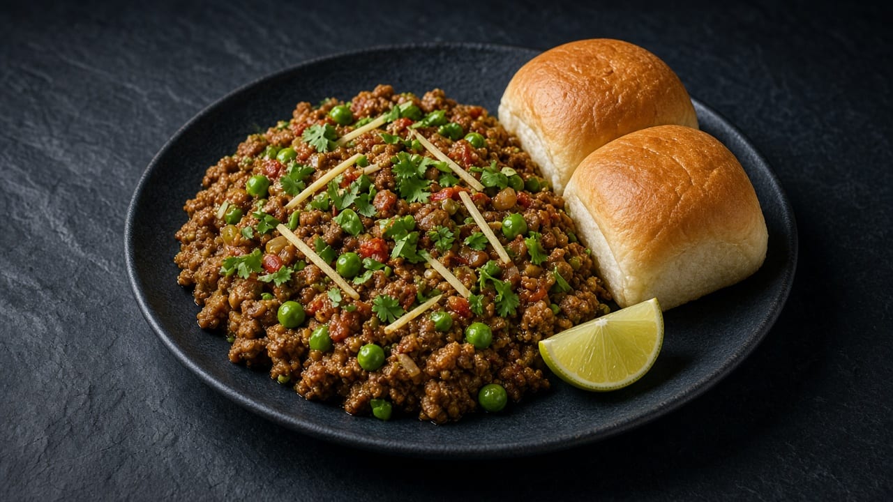 Spiced minced beef keema garnished with coriander, with two soft bread rolls and a lime wedge.