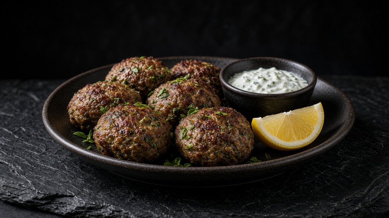 Herby browned meatballs with a bowl of tzatziki and a lemon wedge.