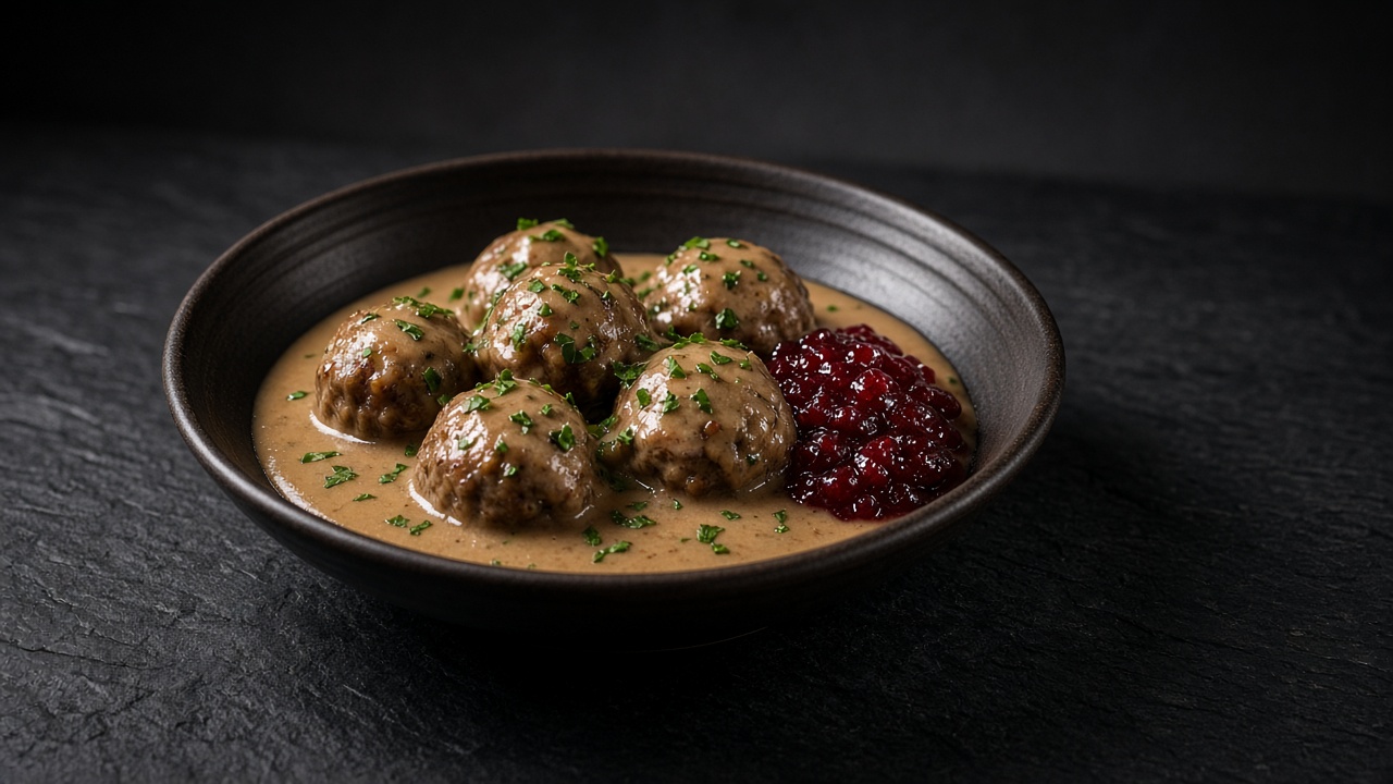 Small browned meatballs in a creamy gravy with a spoonful of lingonberry jam.