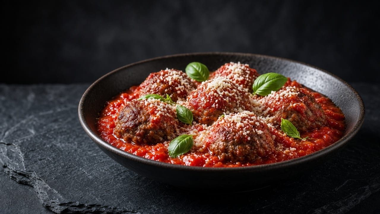 Beef meatballs in red tomato sauce topped with fresh basil and grated Parmesan.