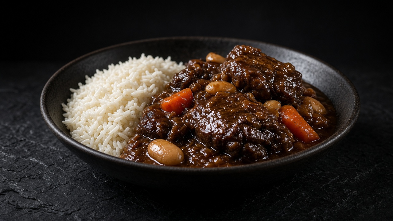 Dark, glossy braised oxtail with carrots and butter beans beside white rice.