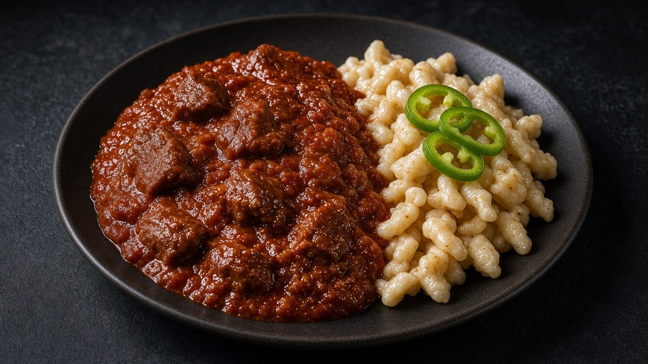 Deep red paprika beef stew beside small egg dumplings, topped with green pepper rings.