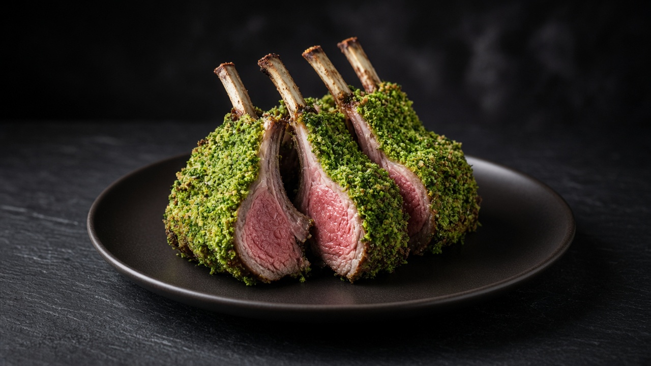 Rack of lamb with a bright green parsley and garlic crust, cut to show the cutlets, bones standing upright.