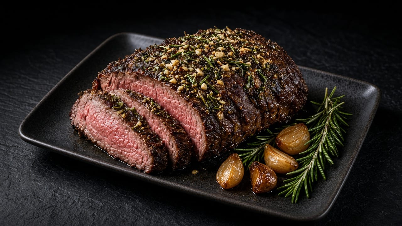 Sliced roast beef with a green herb crust, surrounded by roasted garlic cloves and rosemary sprigs.