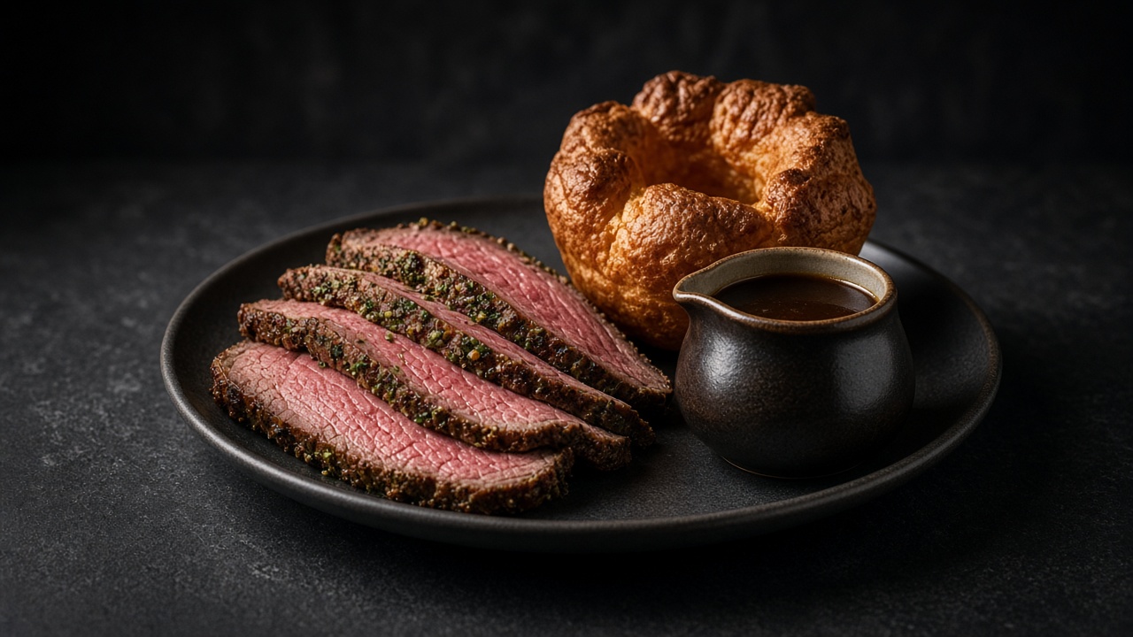 Thin slices of roast beef with a puffed Yorkshire pudding and a jug of gravy.