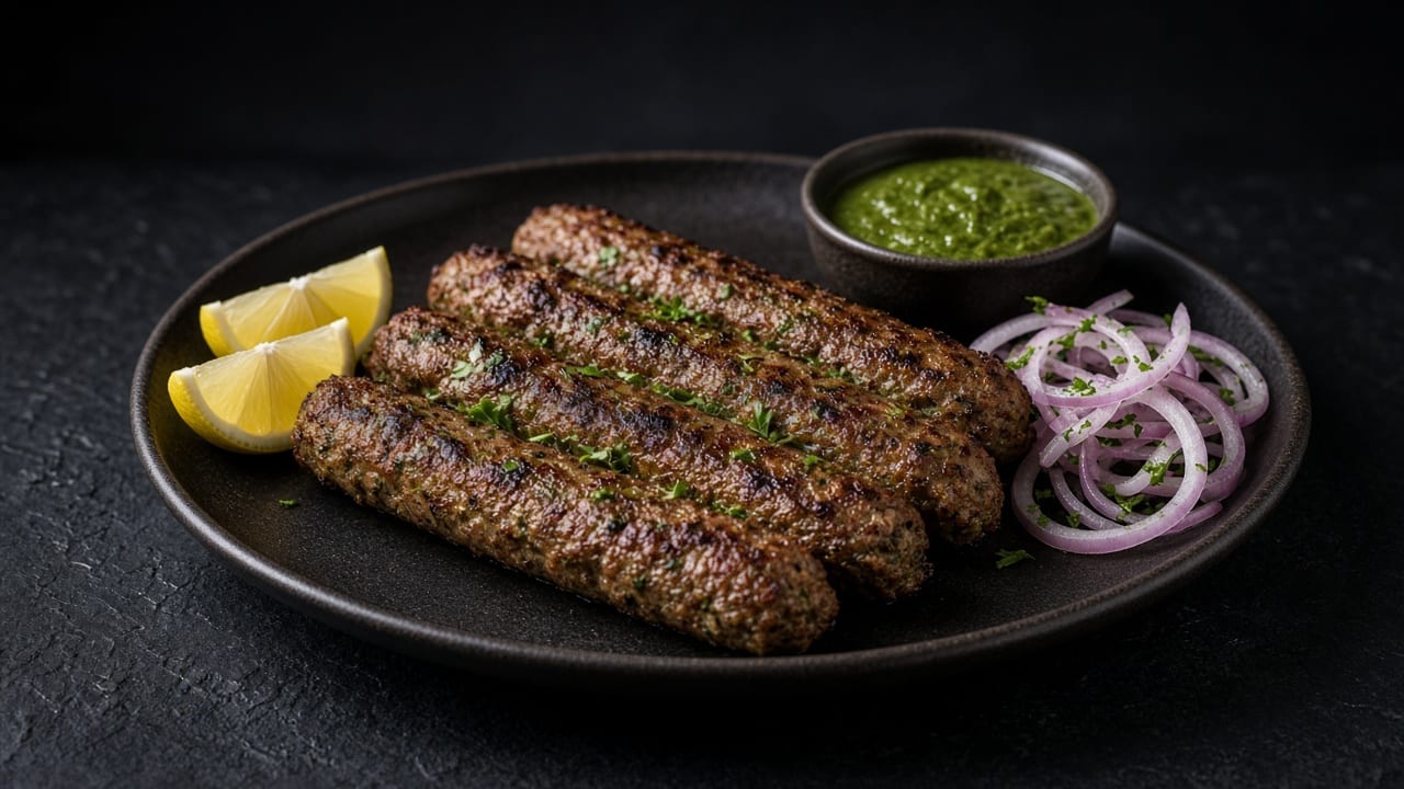 Long minced lamb kebabs with green mint-coriander chutney, red onion rings and lemon wedges.