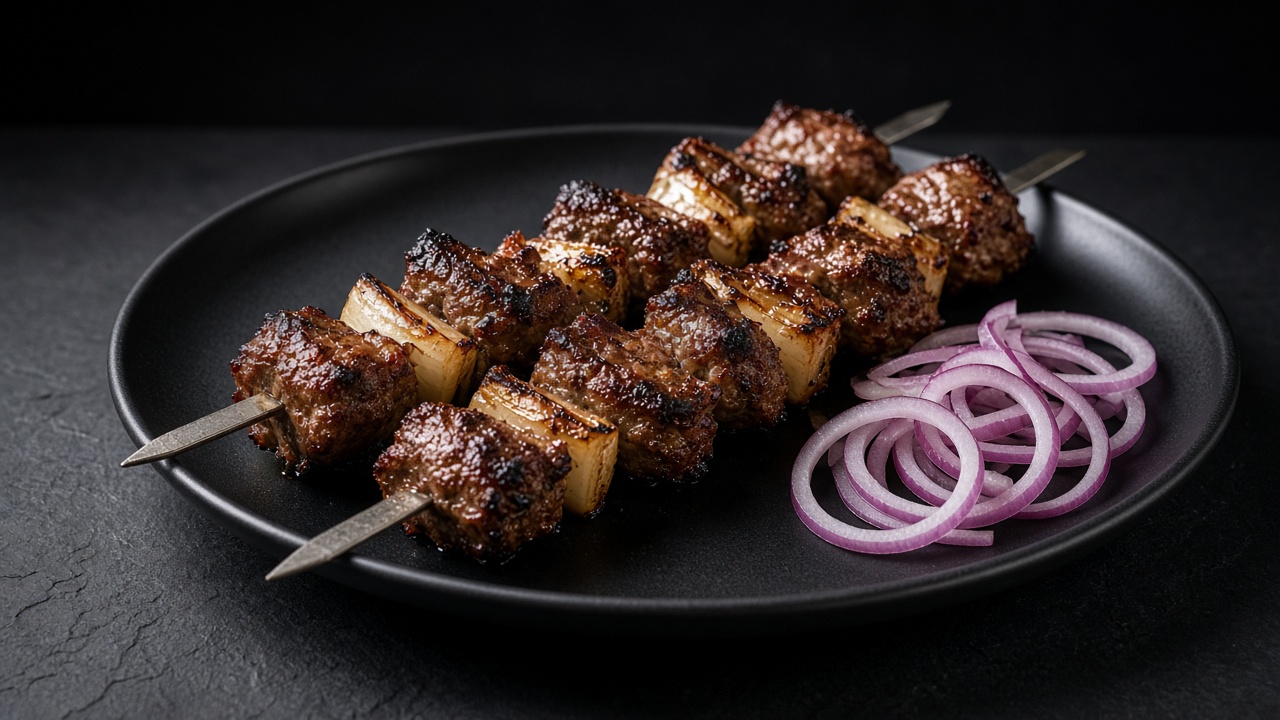 Two skewers of grilled meat chunks with onion pieces, served with raw red onion rings.
