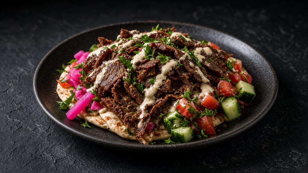 Spiced beef strips on flatbread with diced tomato and cucumber, pink pickled turnips, parsley and a drizzle of tahini sauce.