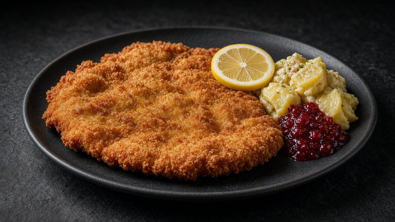 Large golden breaded schnitzel with a lemon slice, potato salad and lingonberry sauce.