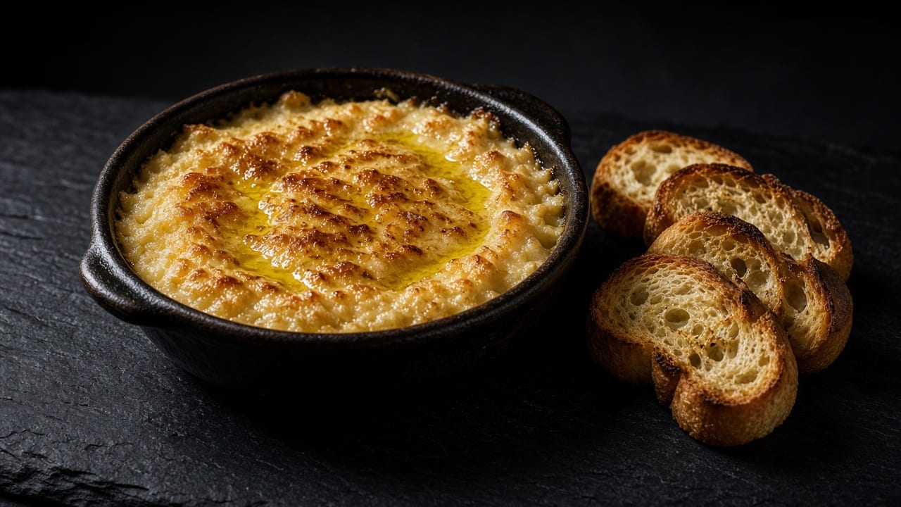 A dish of salt cod and potato brandade baked with a golden, bubbling crumb top, with toasted baguette slices alongside.
