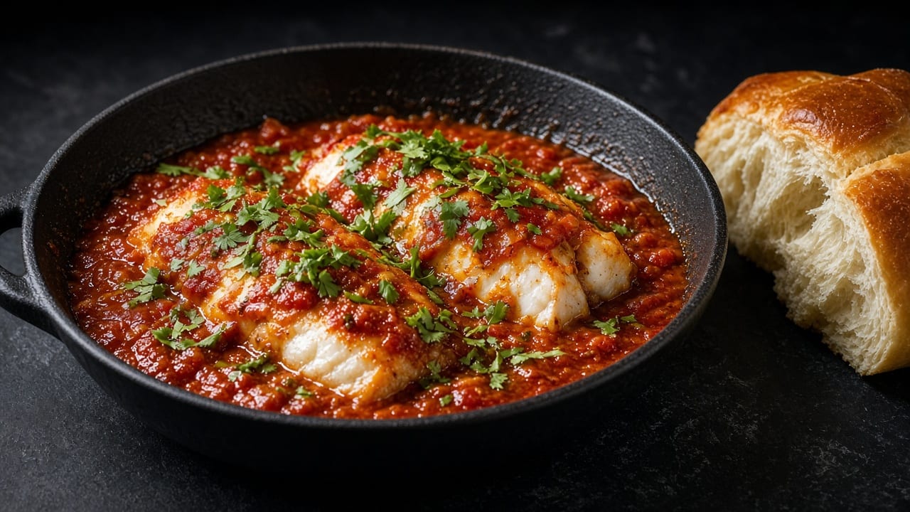 White fish fillets in a thick spicy red tomato sauce with chopped herbs in a pan, with crusty bread.