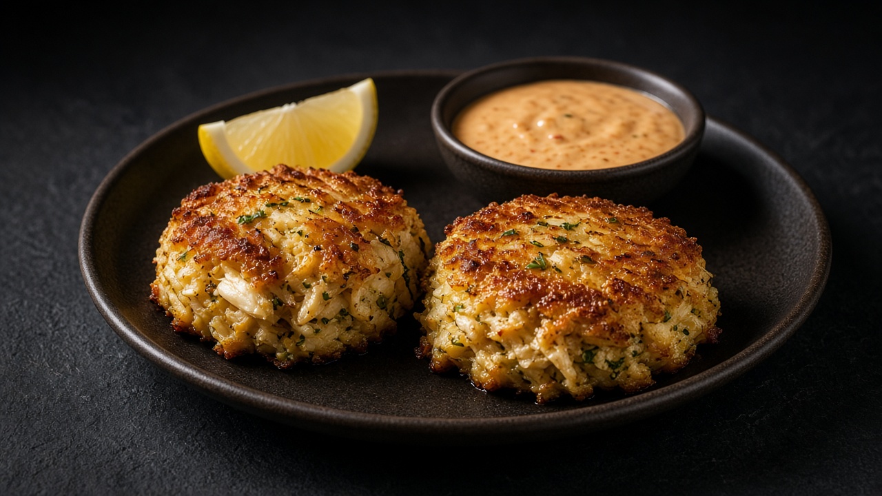 Two golden crumbed crab cakes with lemon wedges and a small bowl of pink-orange paprika mayonnaise.