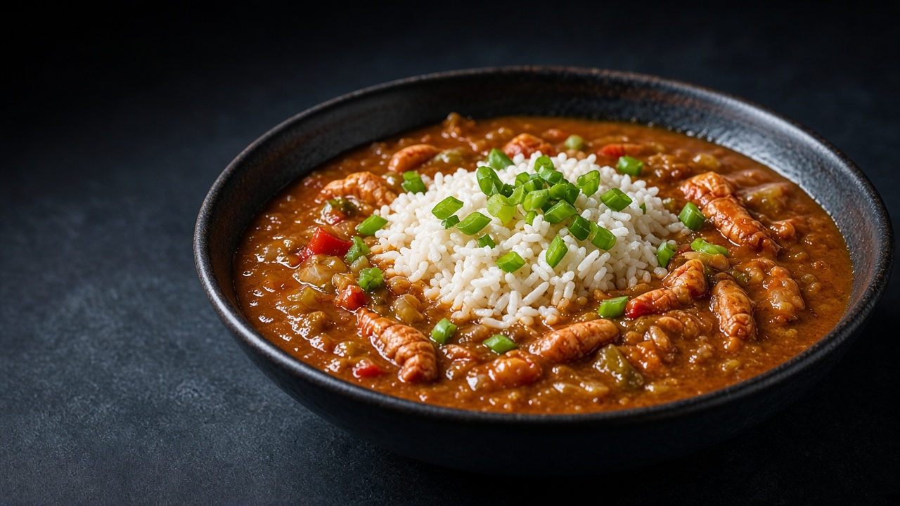 A bowl of brick-red crayfish stew with a mound of white rice topped with sliced spring onions.
