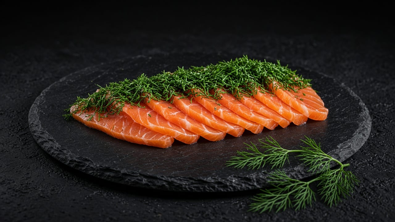 Thin slices of gravlax overlapped on a dark slate and heaped with chopped fresh dill, with dill sprigs beside.